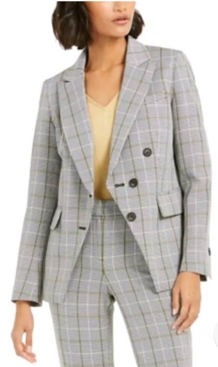 Bar III Women Faux Double Breast Plaid Blazer Jacket and pants Set