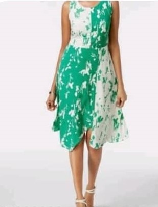 Alfani Green & White Floral Asymmetrical Dress